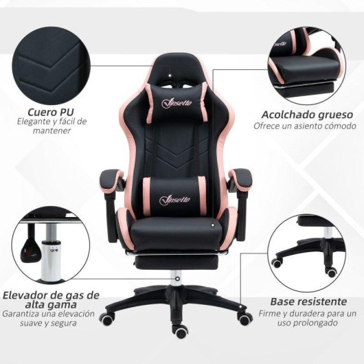 Silla Gaming Rolipo Cuero PU Reclinable 135° Reposacabezas y Reposapiés Negro y Rosa