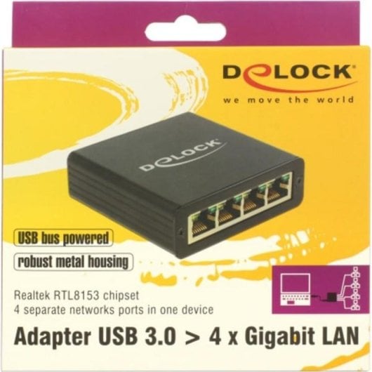 Hub DeLOCK 4 puertos RJ-45 USB 3.0 Realtek RTL8153 0,8 m metal negro