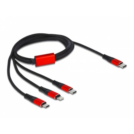 Cavo di ricarica USB 3 in 1 Delock USB Type-C a Lightning/Micro USB/USB Type-C 1 m nero/rosso