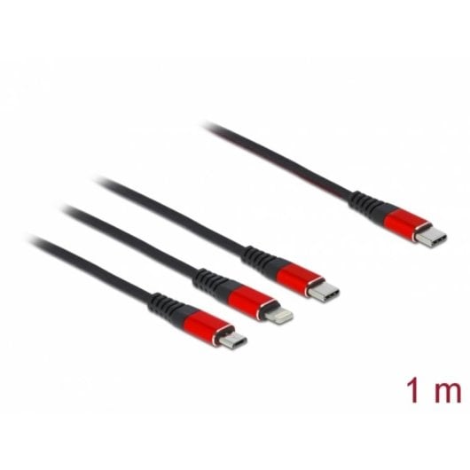Cavo di ricarica USB 3 in 1 Delock USB Type-C a Lightning/Micro USB/USB Type-C 1 m nero/rosso