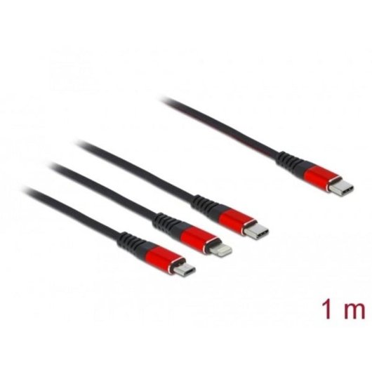 Cavo di ricarica USB 3 in 1 Delock USB Type-C a Lightning/Micro USB/USB Type-C 1 m nero/rosso