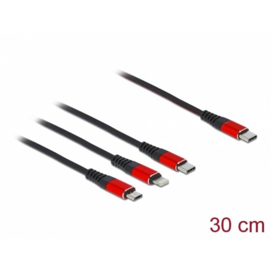 Cable de carga USB 3 en 1 Delock USB Type-C a Lightning/Micro USB/USB Type-C 30 cm negro/rojo