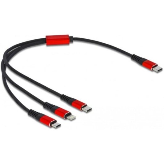 Cable de carga USB 3 en 1 Delock USB Type-C a Lightning/Micro USB/USB Type-C 30 cm negro/rojo