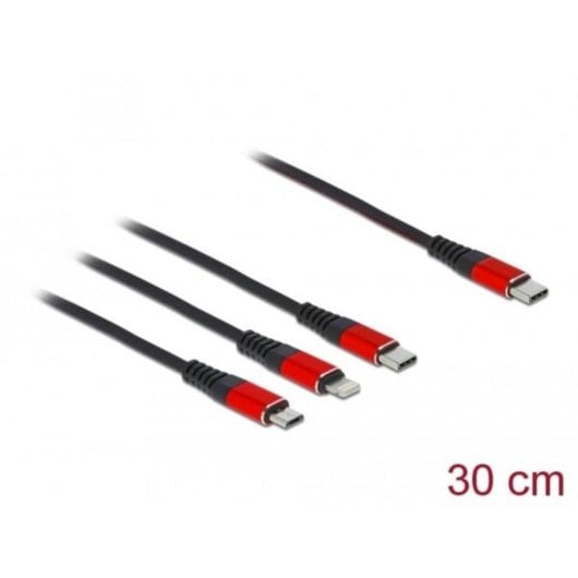Cable de carga USB 3 en 1 Delock USB Type-C a Lightning/Micro USB/USB Type-C 30 cm negro/rojo