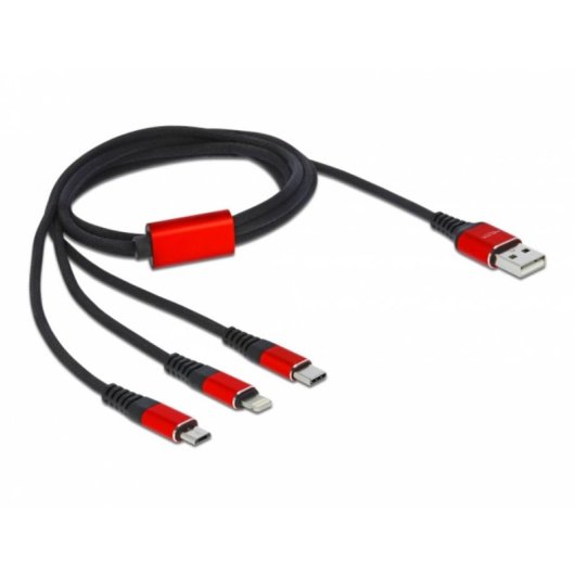 Cabo de carga USB 3 em 1 Delock Tipo-A para Lightning/2 x USB Type-C 1 m Preto/Vermelho