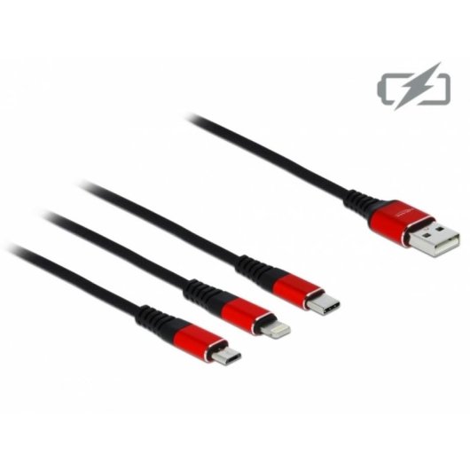 Cable de carga USB 3 en 1 Delock Tipo-A a Lightning/Micro USB/USB Type-C 30 cm negro/rojo