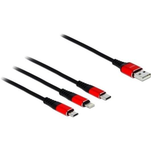 Cable de carga USB 3 en 1 Delock Tipo-A a Lightning/Micro USB/USB Type-C 30 cm negro/rojo