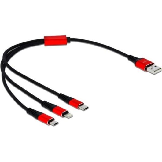 Cable de carga USB 3 en 1 Delock Tipo-A a Lightning/Micro USB/USB Type-C 30 cm negro/rojo