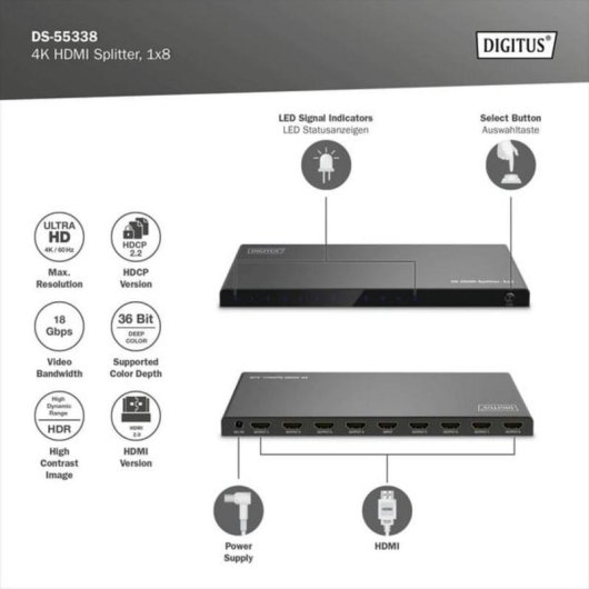 Divisor HDMI Digitus 1x8 4K/60 Hz HDCP 2.3 EDID