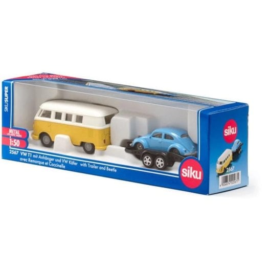 Set de modèles à l'échelle SIKU VW T1 avec remorque et VW Beetle 1:50