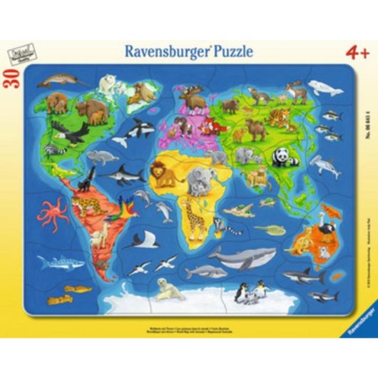 Puzzle de enquadramento Ravensburger Mapa mundial com animais 30 peças