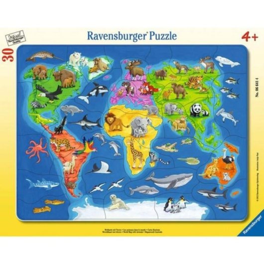 Puzzle de enquadramento Ravensburger Mapa mundial com animais 30 peças