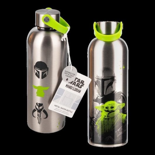Botella Metálica De Mandalorian Y Grogu Con Asa De Transporte.