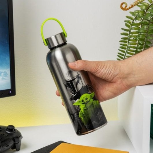 Botella Metálica De Mandalorian Y Grogu Con Asa De Transporte.