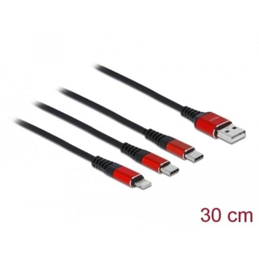 Cable de Carga USB 3 en 1 DeLOCK Tipo-A a Lightning/2 x USB Type-C 30 cm Negro/Rojo