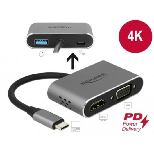 Hub USB-C DeLOCK 64074 com HDMI, VGA e USB Power Delivery 87 W