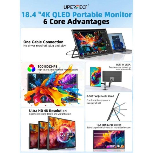 Monitor Uperfect 18,4" UltraHD 4K QLED 1000:1 portátil VESA antirreflejo