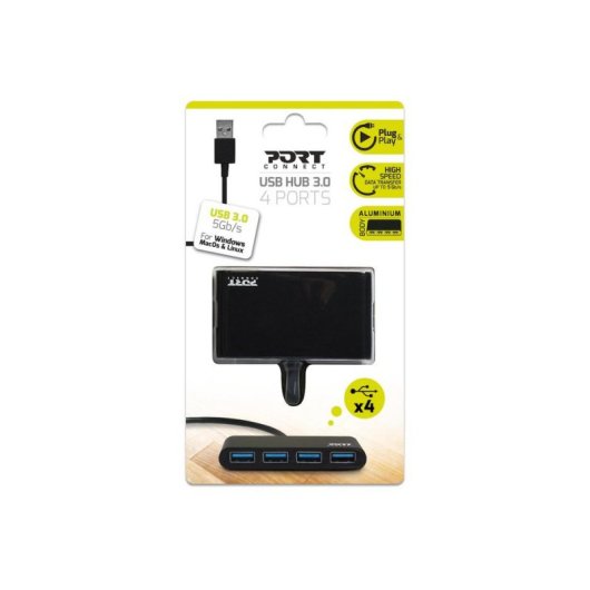 Hub Port Designs 4 ports 5000 Mbit/s USB 3.2 Gen 1 900121 noir aluminium