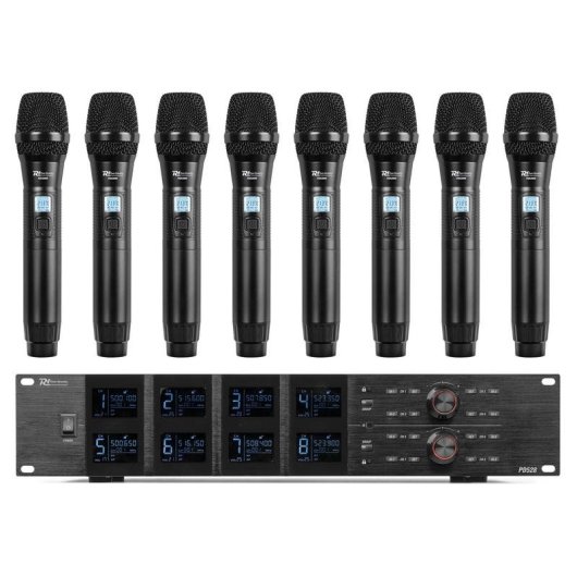 Micrófono Power Dynamics PD528 inalámbrico UHF con 8 canales y receptor rack