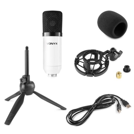 Micrófono Vonyx CM300W USB condensador blanco con kit completo