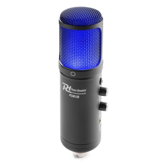 Micrófono Power Dynamics PCM120 USB cardioide con control volumen y luz azul