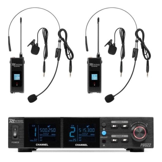 Micrófono Power Dynamics PD522B inalámbrico UHF con dos petacas y micrófonos de solapa y diadema