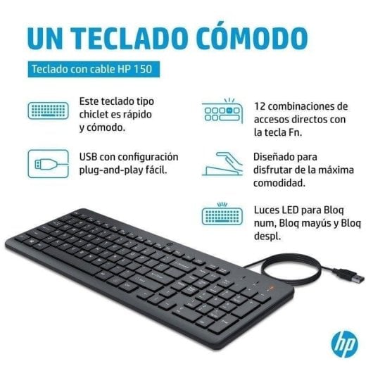 Teclado HP 150 WD alámbrico completo USB tipo A negro con teclado numérico