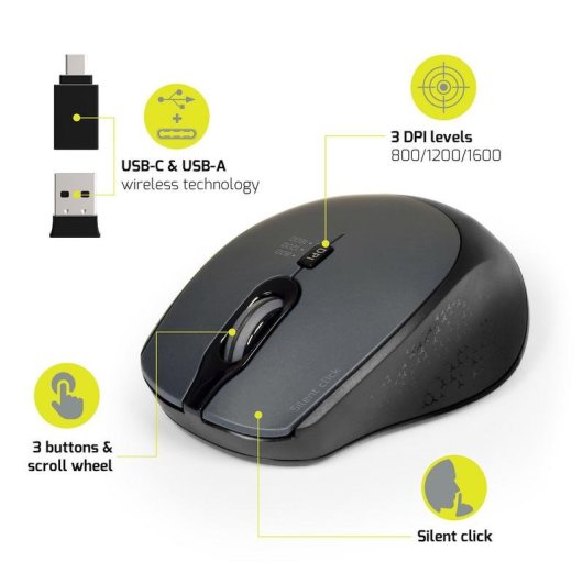 Mouse Port Designs PORT Connect 900713 Wireless Ambidestro Nero 2.4 GHz