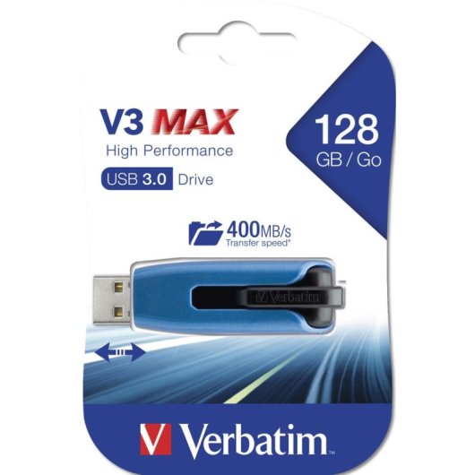 Clé USB Verbatim V3 MAX 128 Go USB 3.2 Gen 1 Glissière Noir Bleu
