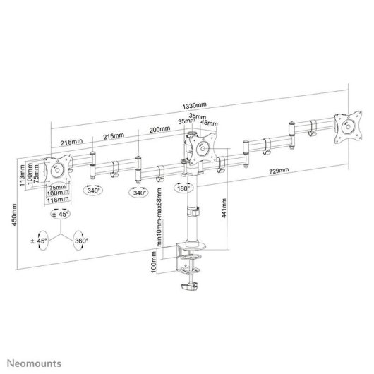 NEOMOUNTS NM-D135D3BLACK Supporto triplo per monitor Scrivania 10 a 27" VESA 75x75 a 100x100 Max 8Kg