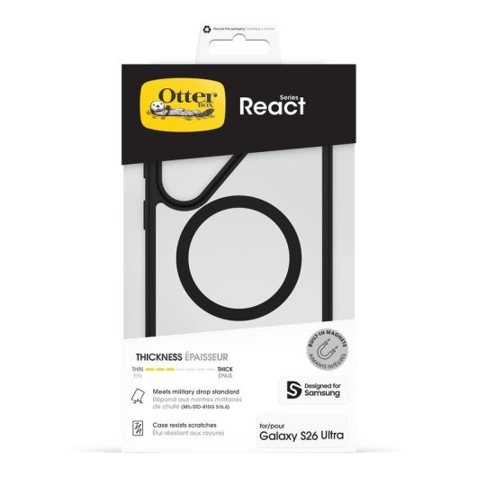 Coque OtterBox React Magnets noire pour Galaxy S26 Ultra résistante bords texturés