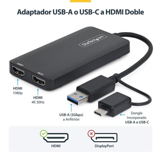 Adaptador gráfico USB StarTech a HDMI dual 4K 30Hz + 1080p