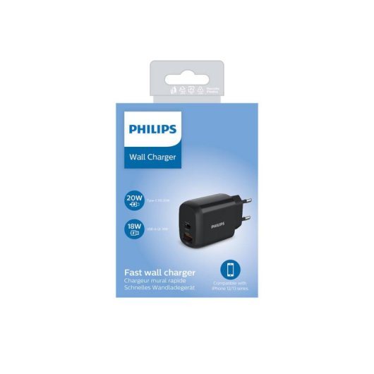 Cargador Philips DLP4326CB/12 18W USB-C y USB-A Carga Rápida Negro