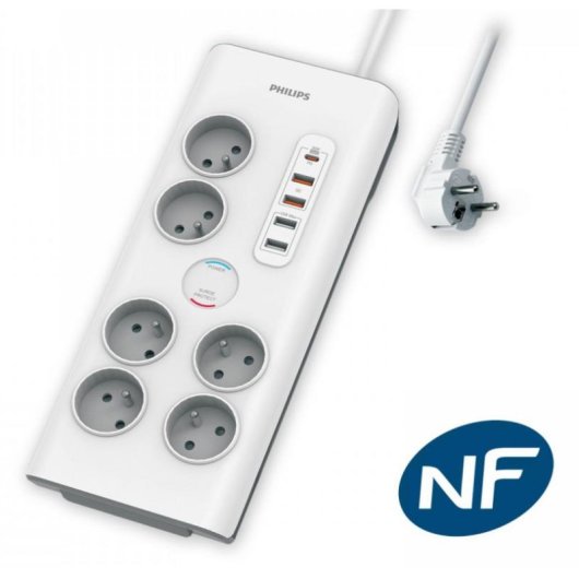 Multiprise Philips SPN7063WA/19 6 prises USB-A et USB-C avec protection GaN
