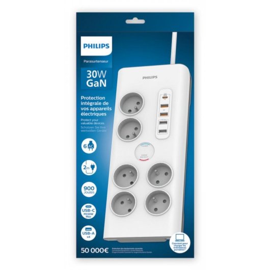 Multiprise Philips SPN7063WA/19 6 prises USB-A et USB-C avec protection GaN