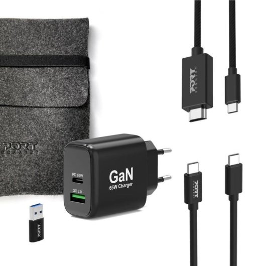 Ladegerät Port Designs 65W GaN USB-C und USB-A, Schwarz