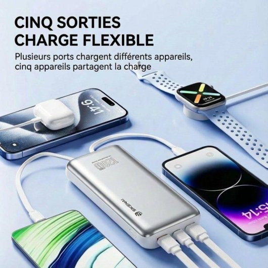 Banco de Energía Sikenai 20000 mAh 120W Carga Rápida 2 Cables Integrados
