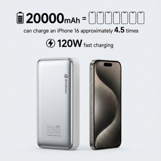 Banco de Energía Sikenai 20000 mAh 120W Carga Rápida 2 Cables Integrados