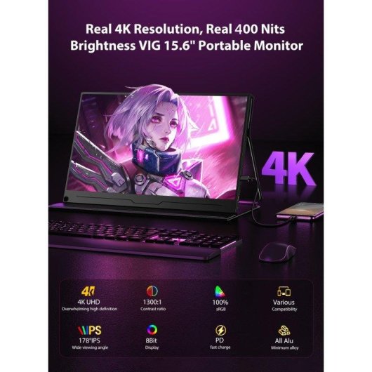 Monitor PC Uperfect 4K 15,6'' UltraHD IPS Portatile USB-C HDMI VESA 1300:1