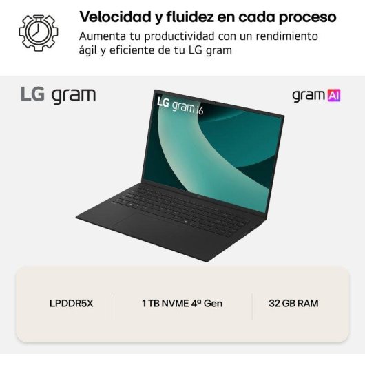 Portátil LG Gram 16Z90TL-G.AU88BN 16" Intel Core Ultra 7 258V 32GB 1TB SSD Intel Arc Windows 11