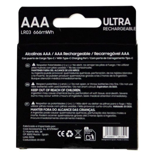 Pilas Recargables AAA Cool con Carga USB Tipo-C Pack 4 Unidades
