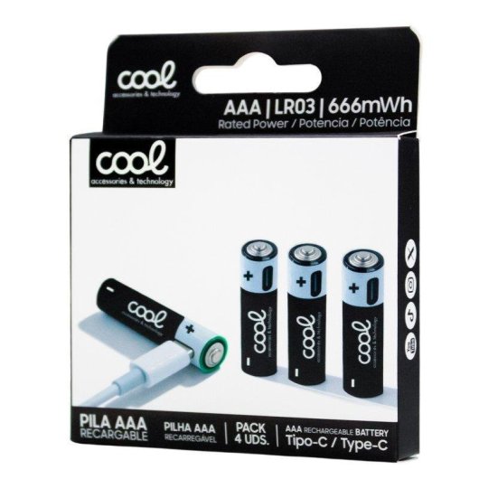 Pilas Recargables AAA Cool con Carga USB Tipo-C Pack 4 Unidades