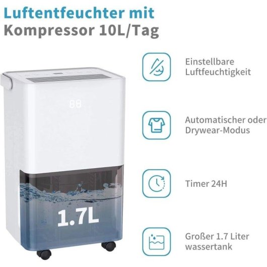 Desumidificador Elétrico 10l Com Sensor, Mangueira De Drenagem E Poupança De Energia Para 15m²