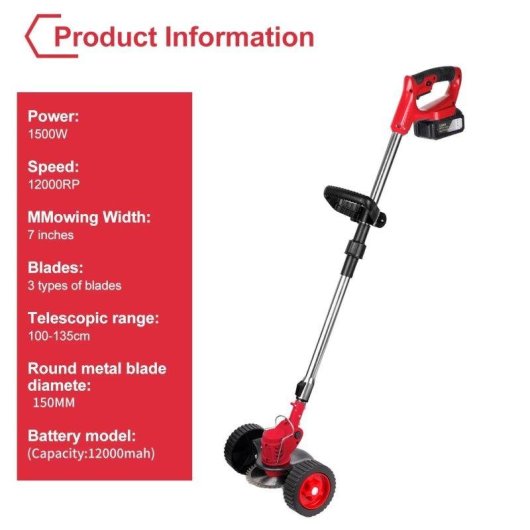 Cortacésped Inalámbrico 1500W 12000rpm Plegable con 3 Cuchillas y 2 Baterías