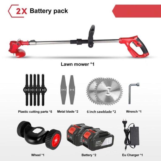 Cortacésped Inalámbrico 1500W 12000rpm Plegable con 3 Cuchillas y 2 Baterías