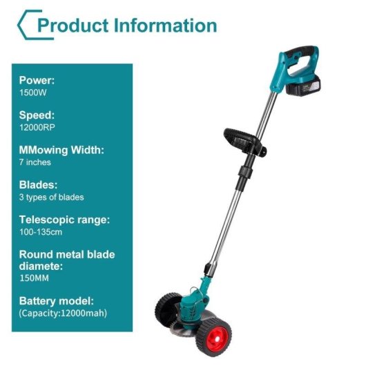 Cortacésped Eléctrico Inalámbrico 1500 W 12.000 RPM Plegable y Ajustable