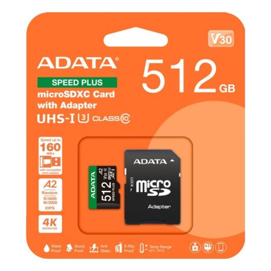 Scheda microSDXC ADATA Speed Plus 512 GB UHS-I U3 A2 V30 Classe 10