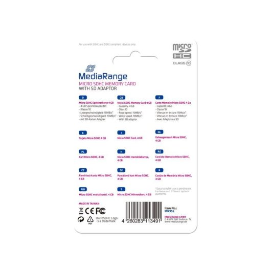 Tarjeta de memoria MediaRange MR956 microSDHC 4 GB Clase 10 negra
