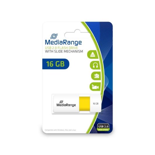 Memoria USB MediaRange MR972 16 GB USB 2.0 Deslizable Blanco Amarillo