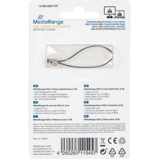 USB-Stick MediaRange MR920 8GB USB 2.0 Schwarz ohne Kappe